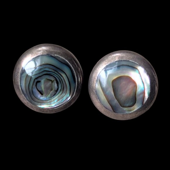 Vintage Abalone Sterling Silver Earrings Stamp 925 Mexico Shell Boho Round Stud - Picture 5 of 7